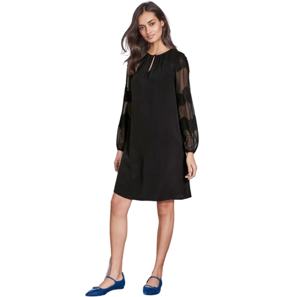Boden Women’s Black Sasha Dress Sheer Appliqué Lace Sleeves 6 Long EUC Whimsical